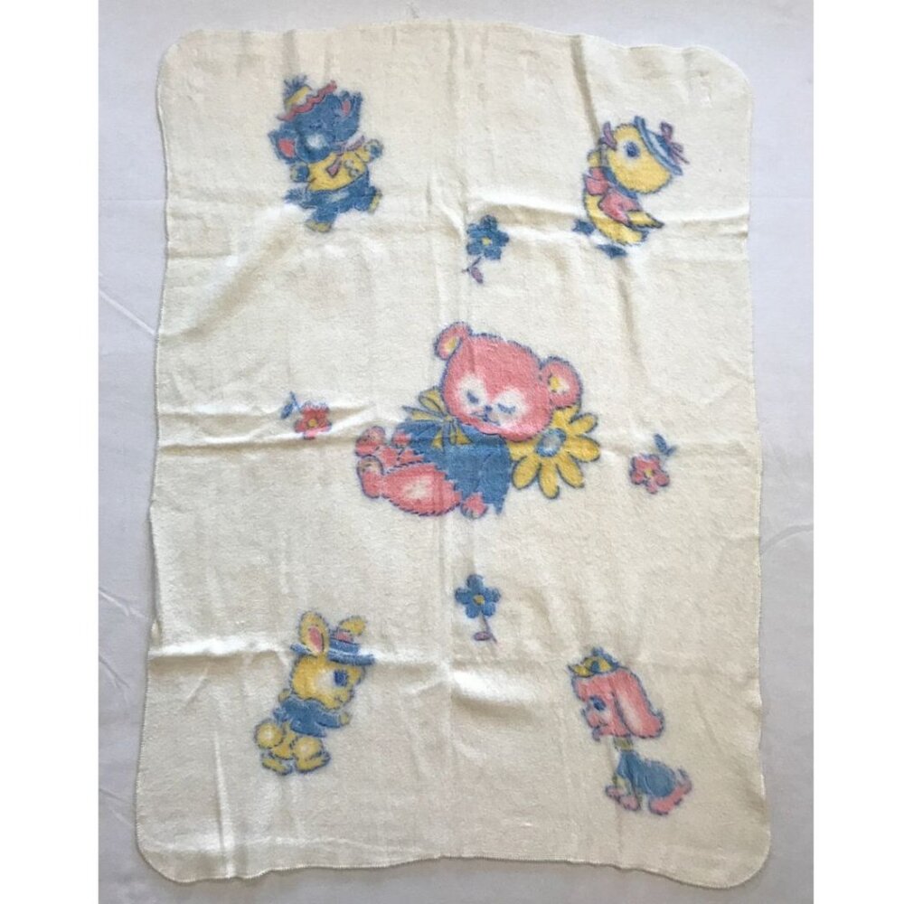 Vintage Pastel Baby Blanket Animals Bear Crib Blankie Nostalgic Soft Fluffy